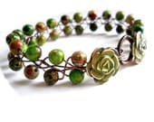 Beaded Wire Bracelet, Green & Olive Jasper, Antiqued Brass Patinaed Floral Button Braided Bracelet, Bridesmaid Jewelry, Rustic Fashion