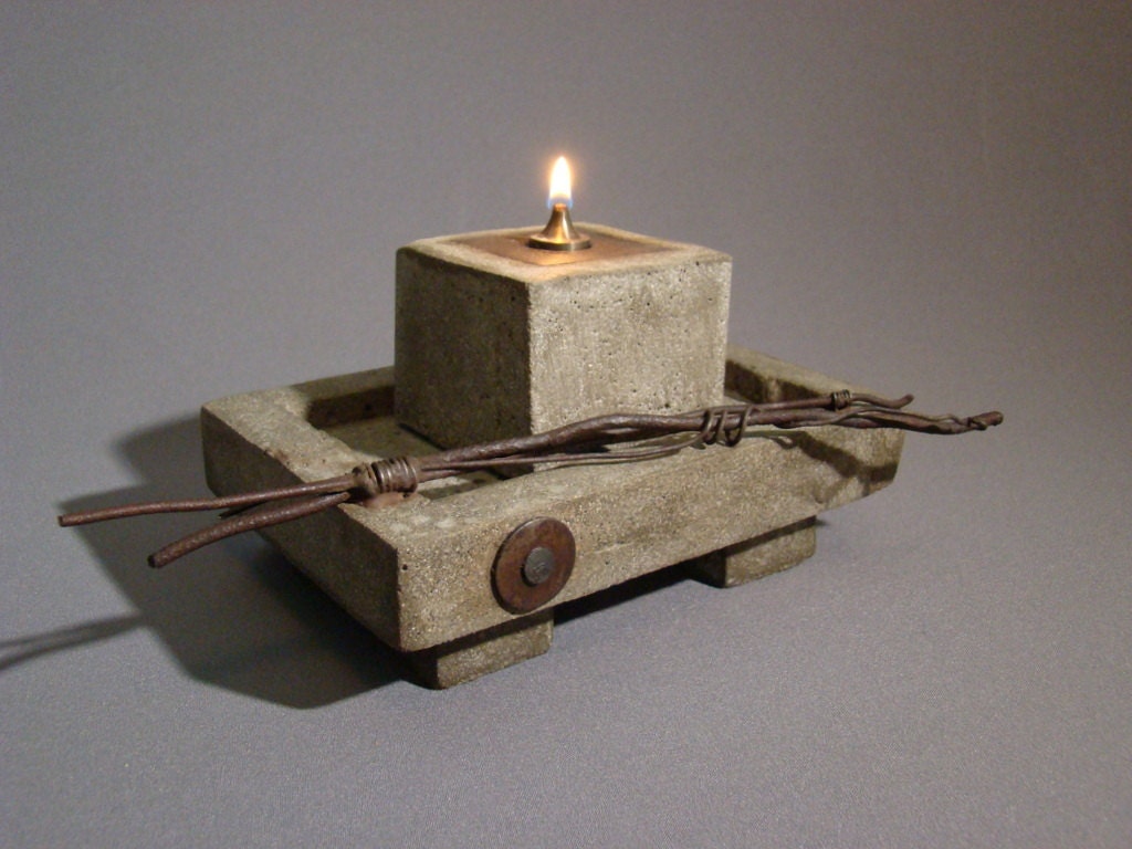 OIL LAMP and TRAY - A Cowboy Zen  Lamp and Tray of Cast Stone and Iron