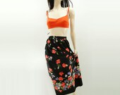 Vintage 70s Floral Maxi Skirt Black / Red Poppy Print Long Skirt / m / l