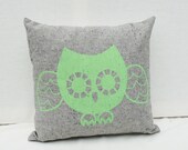 Owl Pal - mint screen printed organic pillow, 12"x12"