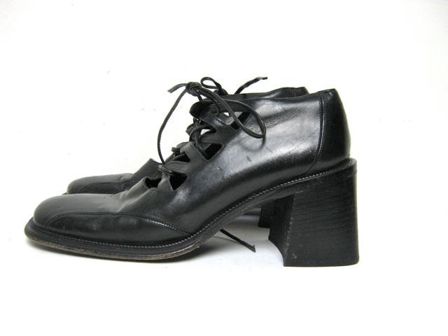 vintage 90s black Italian lace up ankle booties shoes // cut outs