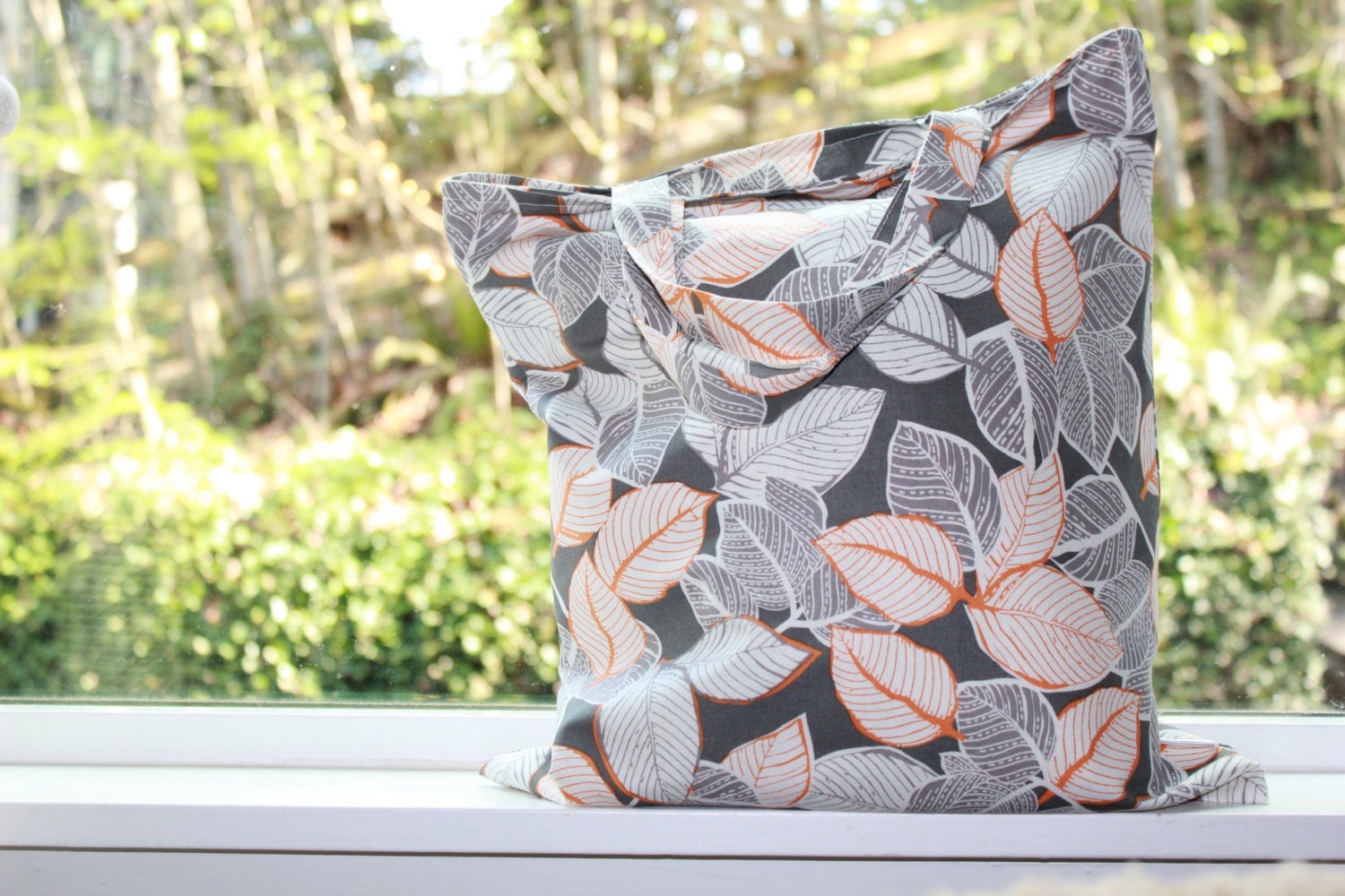 Gray/Orange leaf cotton tote - Everyday bag