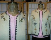 Vintage 50s wool floral embroidered cardigan sweater womens size large