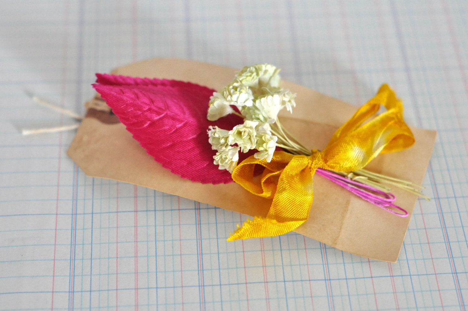 Vintage Crafting Inspiration Kit - Vintage Paper Flowers and Millinery Leaves on Aged Tag