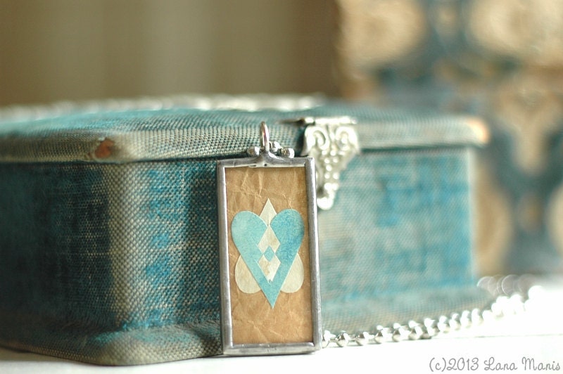 Double Hearts Aqua Blue and Ivory on Vintage Paper Soldered Charm Necklace with Silver Ball Chain