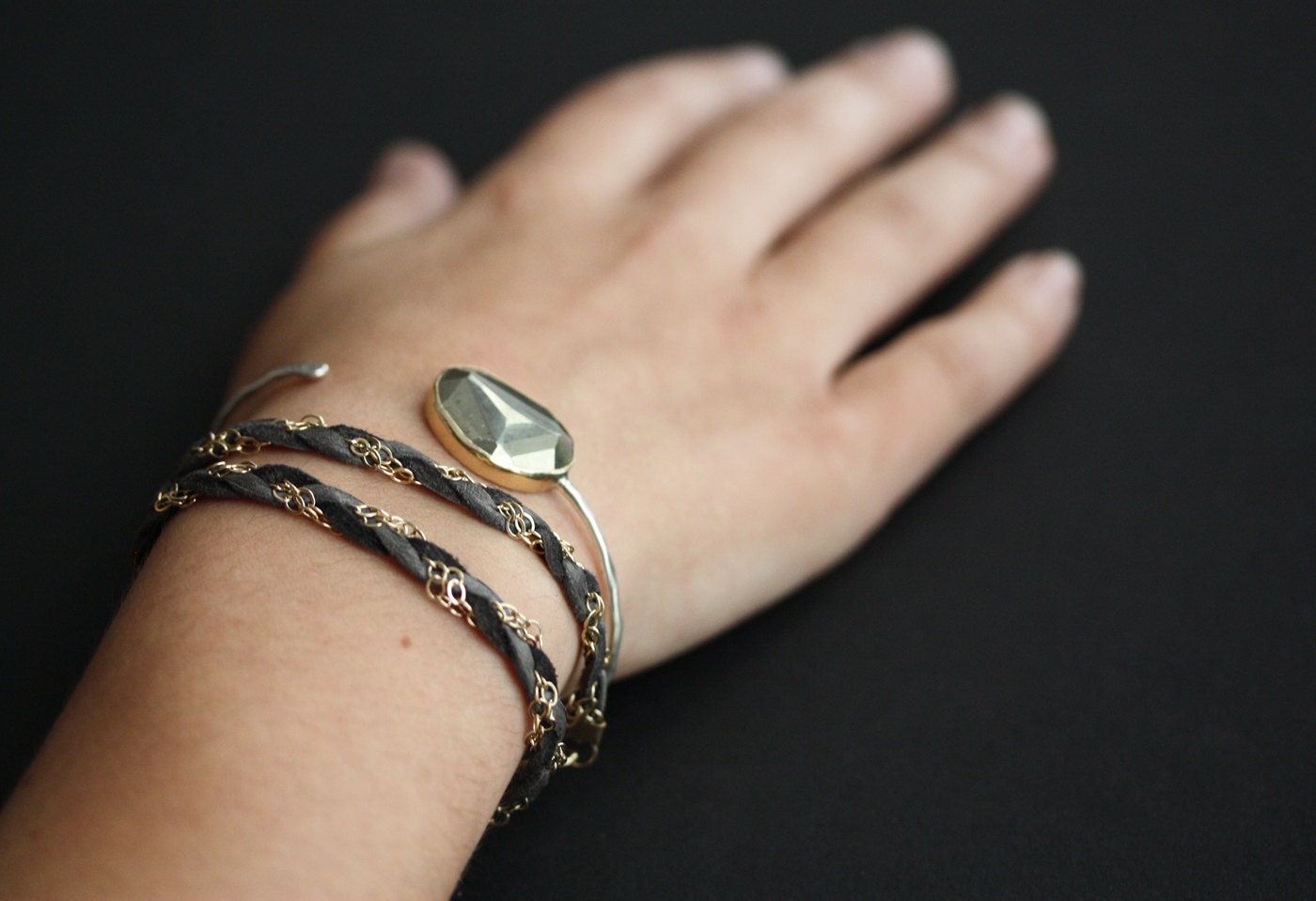 Pyrite Cuff Bracelet- 14kt gold, sterling silver, stacking bracelet, bezel, hammered, bangle, mixed metal