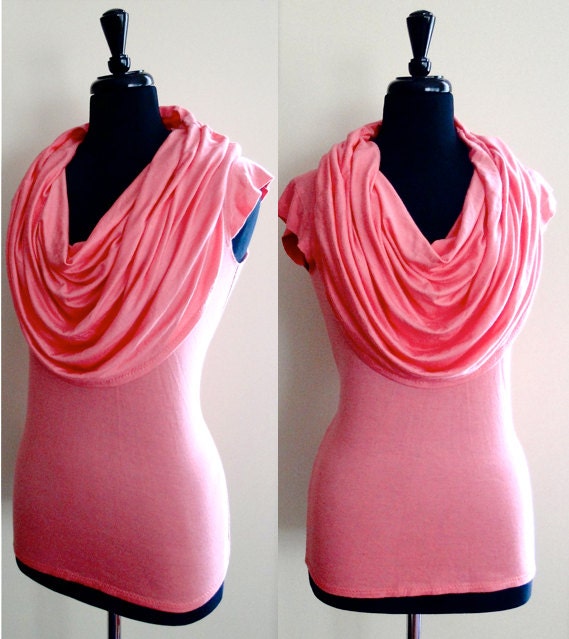 Coral pink grapefruit tunic shirt with oversized cowl collar - READY TO SHIP - organic cotton tee
