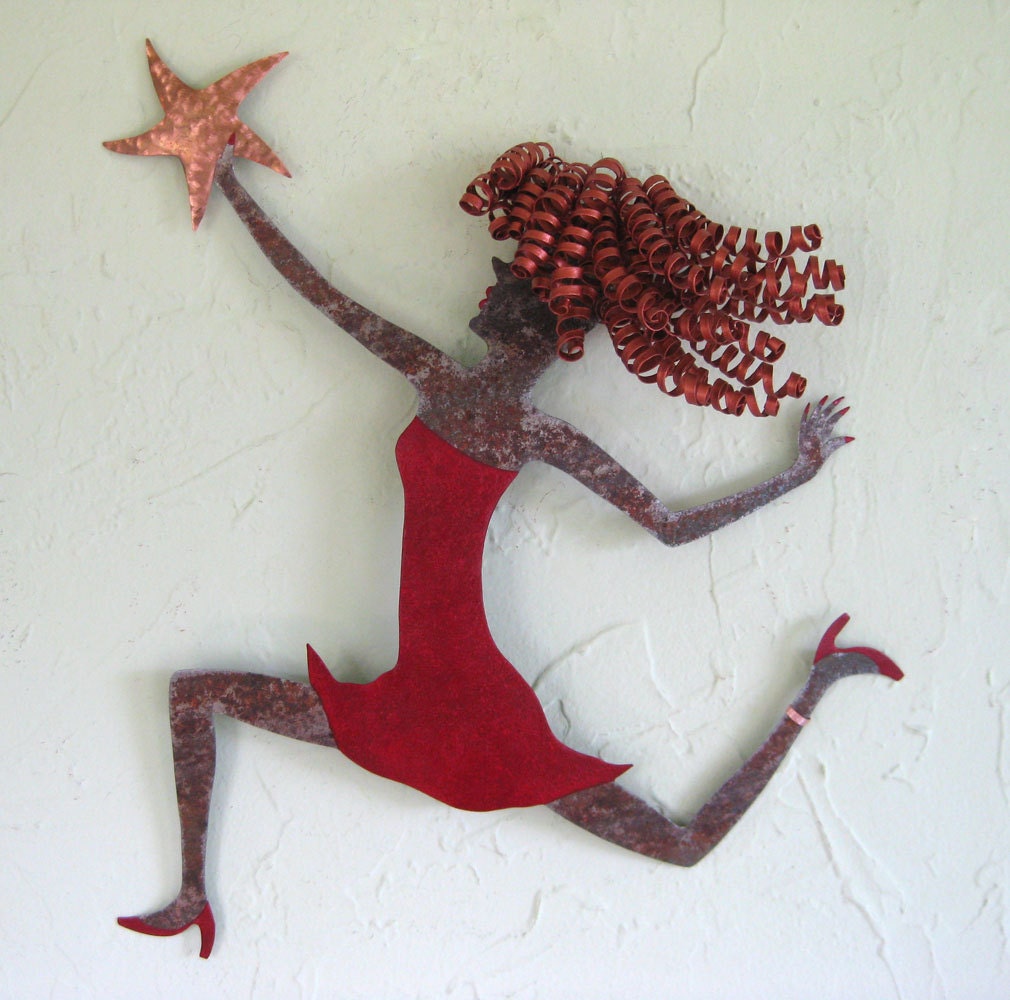 Art metal sculpture wall decor - Catching a Star - upcycled metal wall hanging