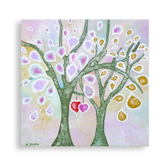 Original Acrylic Painting - Abstract Trees Red Hearts Love Art - Romantic Valentine Decor Wedding Gift 12x12x1.5