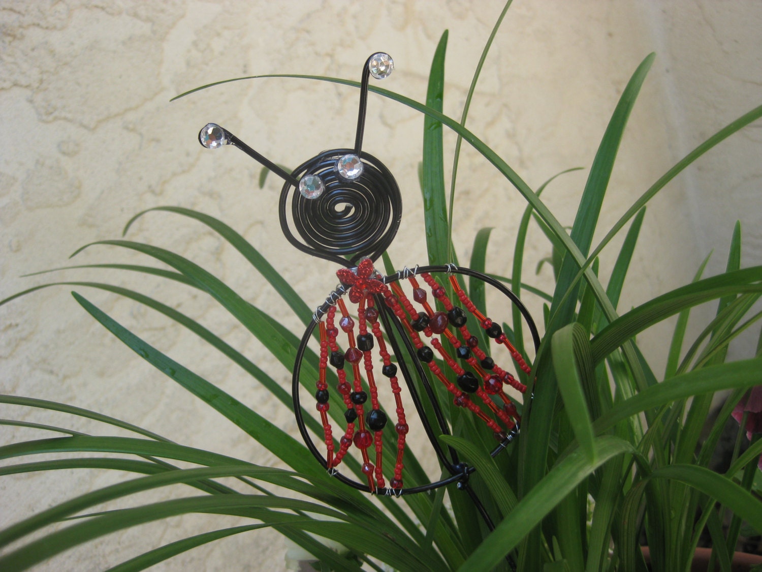 Ladybug plant stake, garden decor, beaded floral pick, wire wrapped lady bug, Mothers Day gift idea