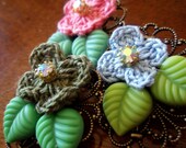 Brooch - Crocheted Flower, Swarovski Crystal, Resin Leaves Assemblage Pin - Mixed Media Jewelry
