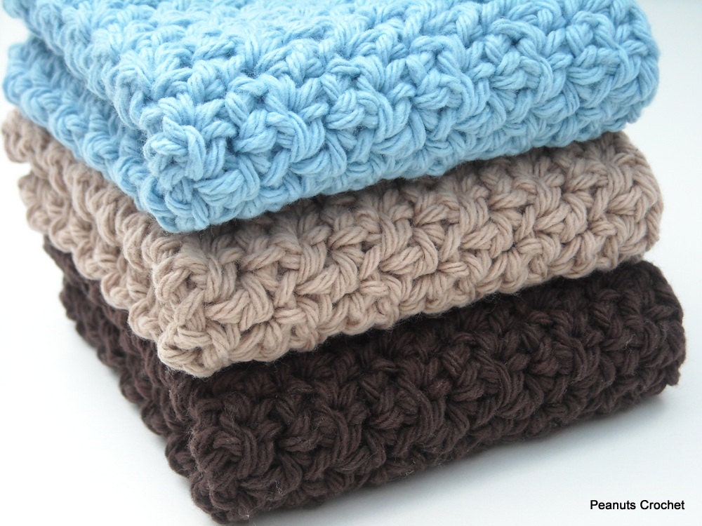 Crochet Dishcloths Washcloths Cotton Yarn Set of 3 Chocolate Brown Blue Tan Handmade