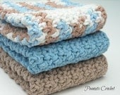 Kitchen Dishcloths Crochet Cotton Washcloths Blue & Taupe Tan or YOU PICK Colors Set of 3