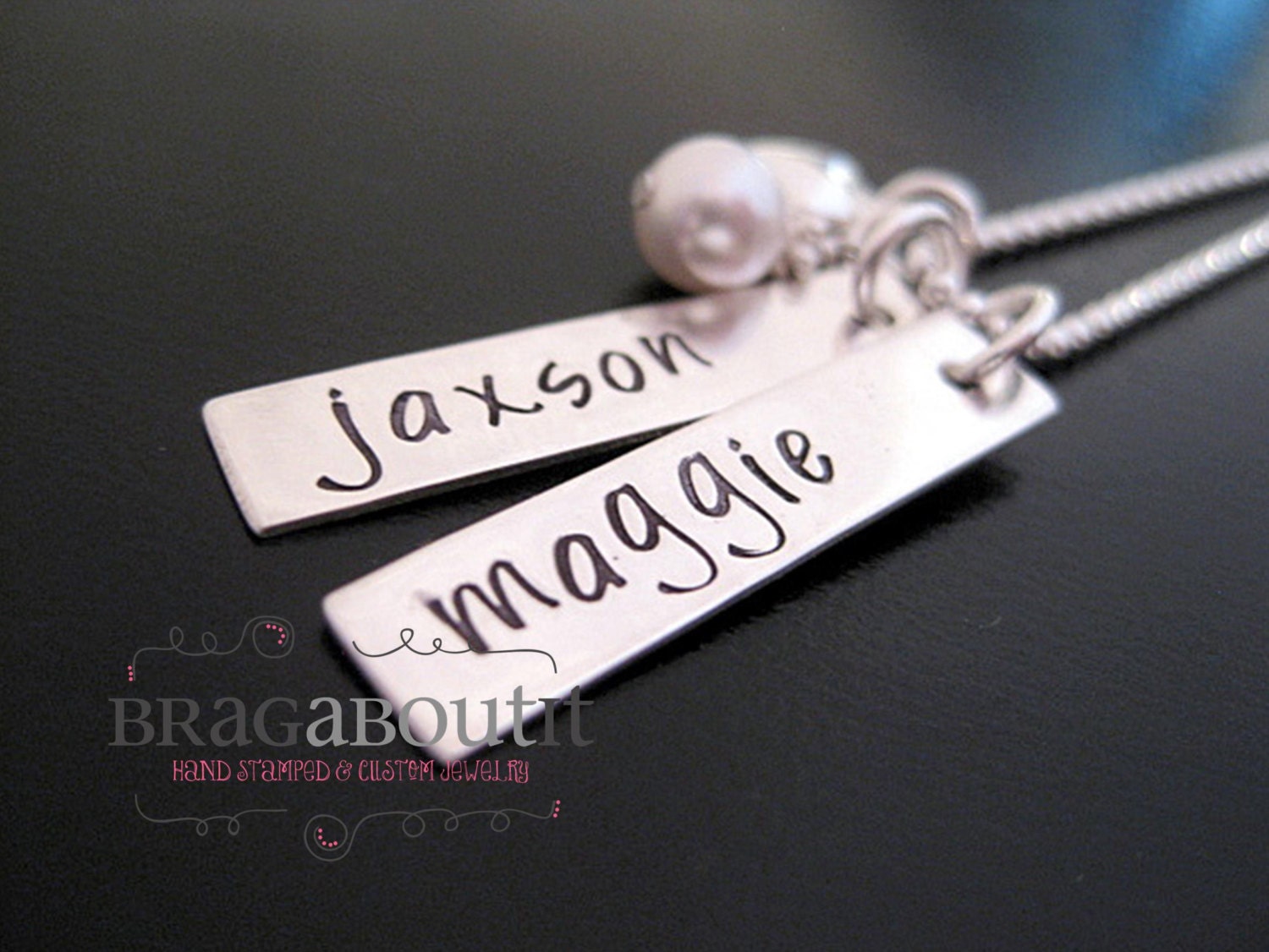 Hand Stamped Jewelry - Personalized Necklace - Sterling Silver - Rectangle Brags With Pearl and Heart