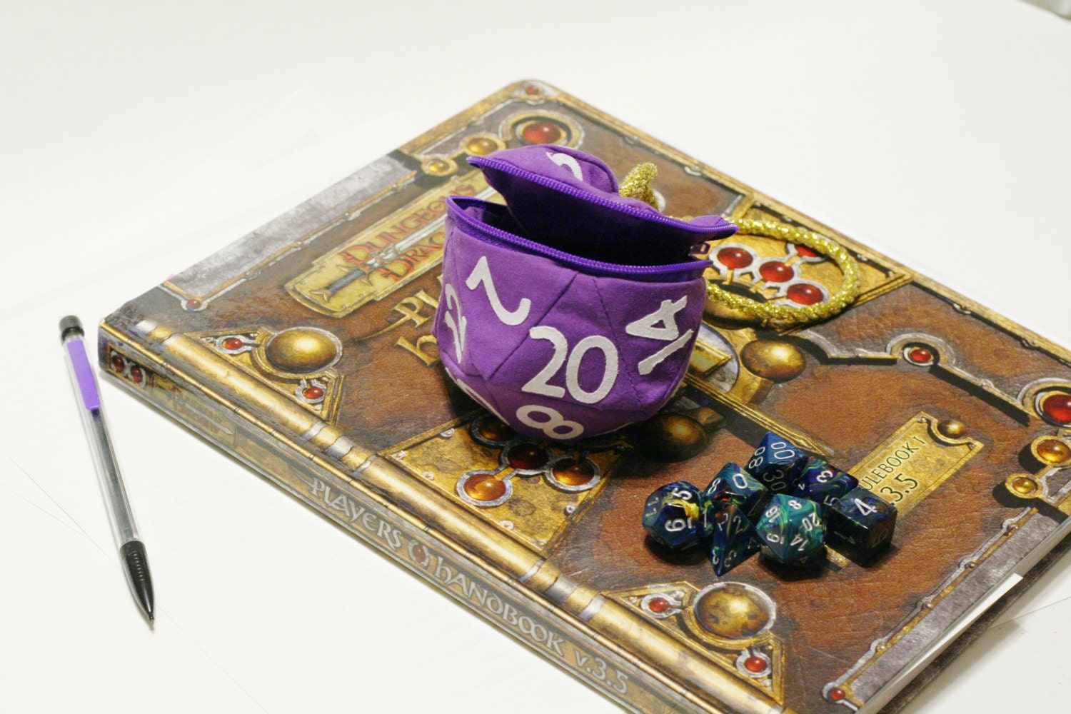 Purple and White D20 Gamer Dice Bag (Small), Dungeons and Dragons, D&D, gamer, coin purse bag, geek, tabletop gaming