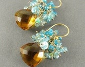 Cognac Quartz, Blue Topaz and Neon Apatite Cluster Earrings