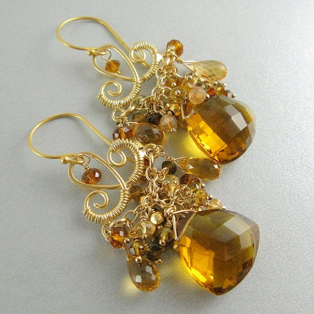 Madeira Quartz and Tourmaline Golden Chandelier Earrings