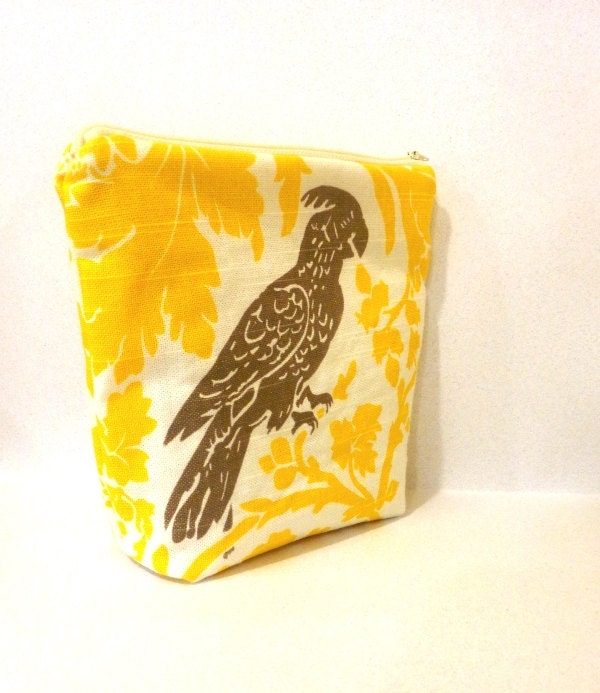 Large Fabric Zipper Pouch Cosmetic Pouch Pencil Case Grey Bird on Yellow Flowers