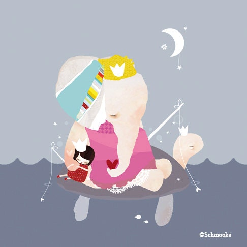 Kids Blue Elephant Bedroom Art - 'Fishing for Love' by Schmooks