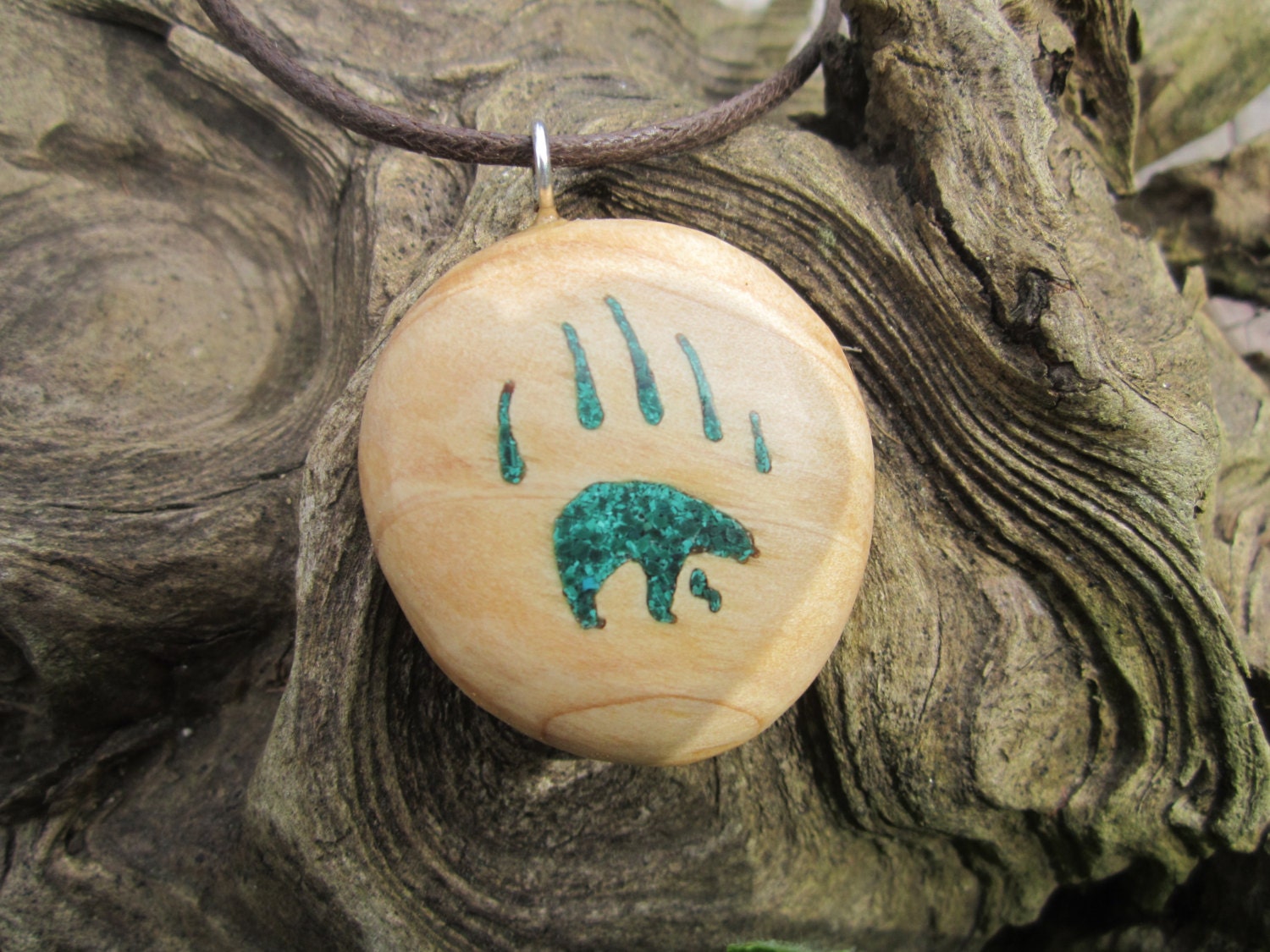 Bear Totem of Malachite inlaid in Port Orford Cedar necklace