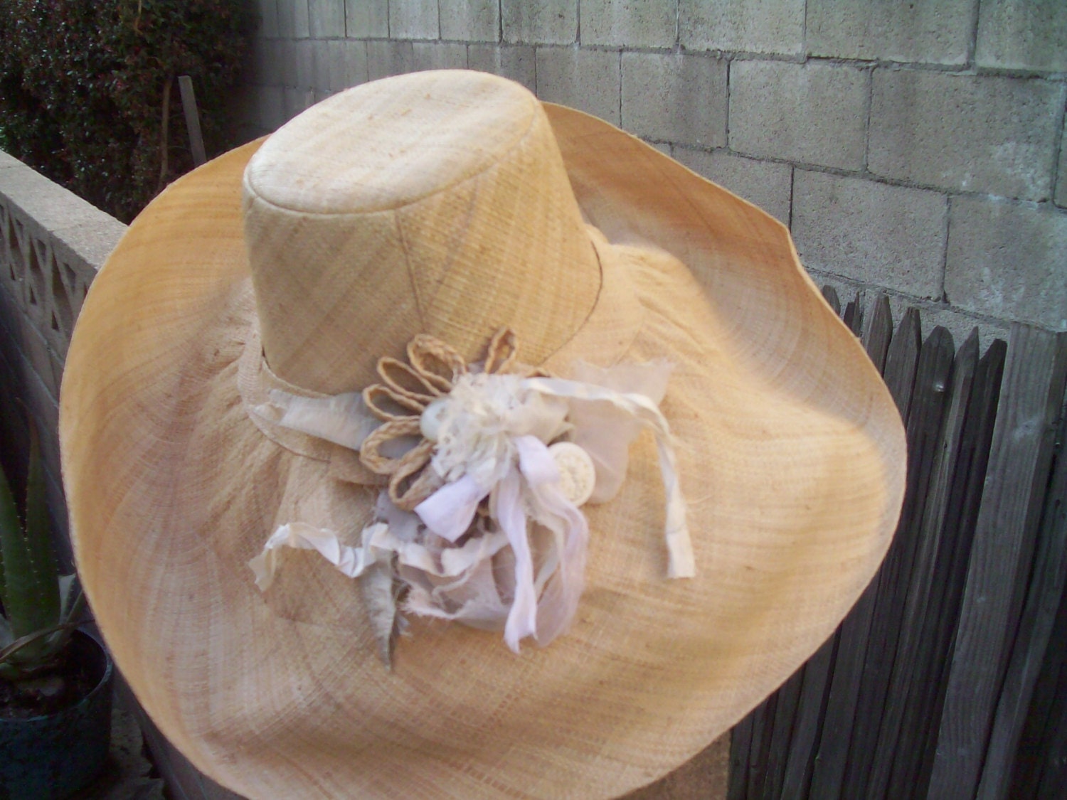 Stunning Summer Linen Straw Hat with handmade Corsage