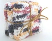 Wash Cloths, Dish Cloths, Cotton - Gray, Tan, Rose, Pink - Crocheted 3 Piece Set "Calico"