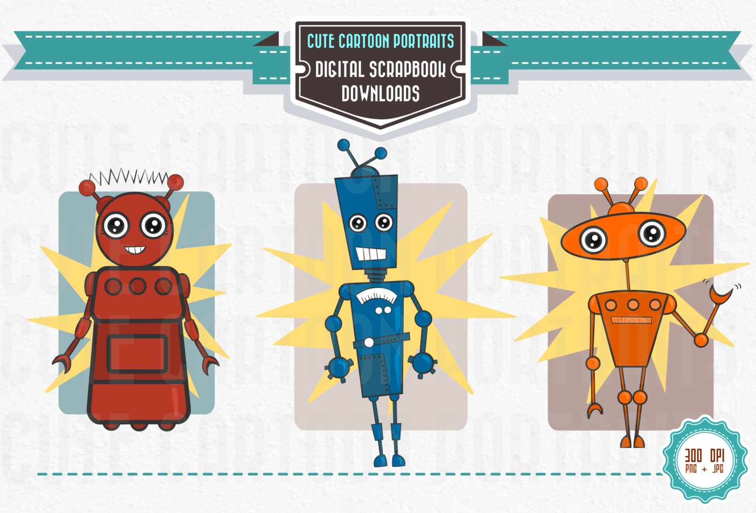 Instant Download - Retro Robots - Cute Digital Clip Art Collage Sheet
