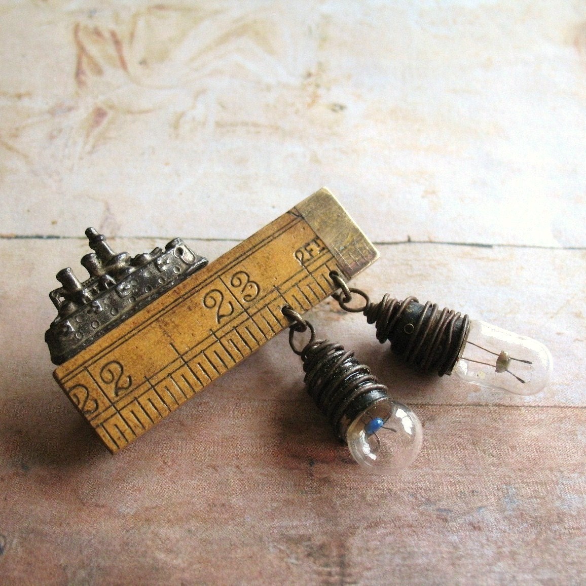 Rule The World - Handmade Mixed Media Assemblage Brooch or Tie Pin With Tiny Vintage Ship and Light Bulbs