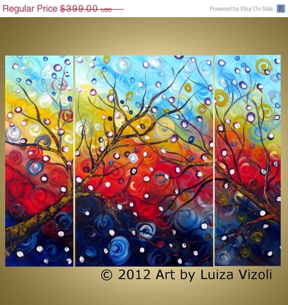 Art by Luiza Vizoli Original Large Abstract Tree Landscape Painting SUNSET REFLECTIONS 48x36 HUGE