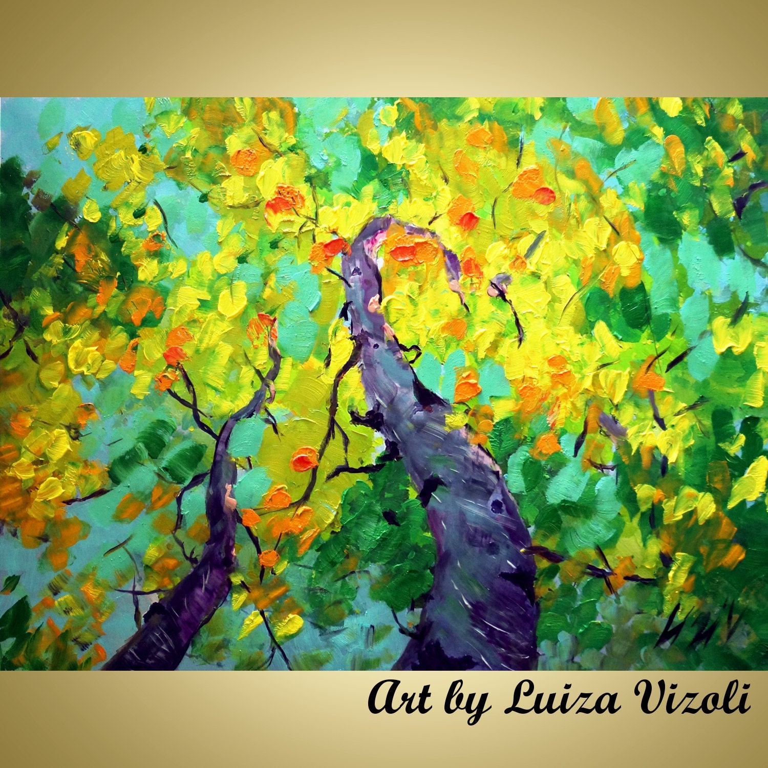 Aspen Trees Original Abstract STAND TALL Landscape Oil Large Painting 40x30 Canvas yellow,blue,green,grey Art by Luiza Vizoli