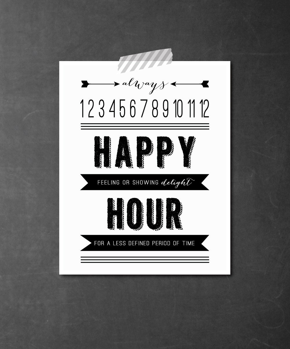 happy hour 8x10 art print for the kitchen in black and white