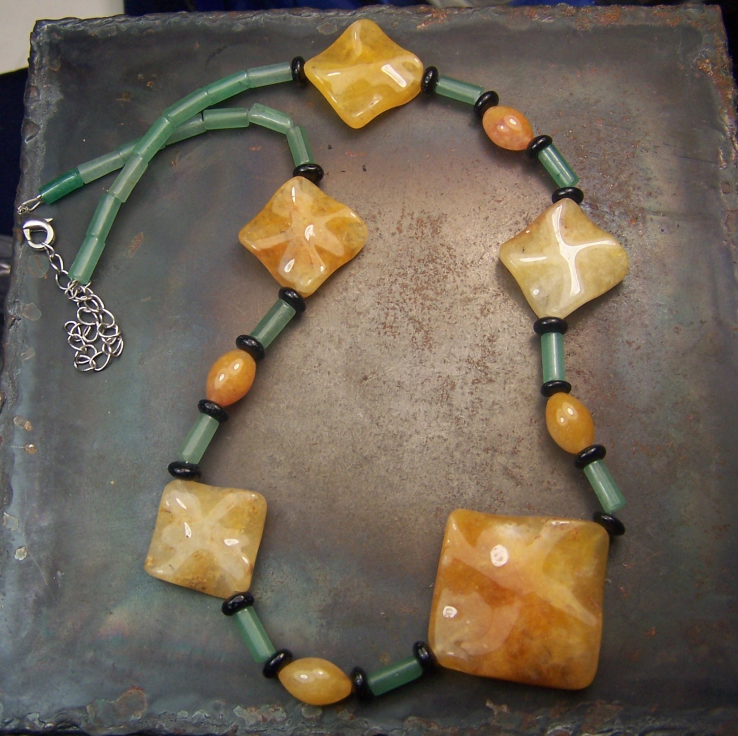 Orange Aventurine - Green Aventurine - bead strand - full strand - black onyx - stone beads - yellow orange red green chunky stone necklace