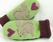Mittens Recycled Wool Sweater in Green Brown and Wine Red Squirrel Applique Leather Palm Fleece Lining Up Cycled  Eco Friendly Size S/M