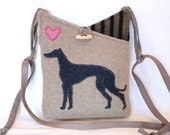 Greyhound Shoulder Bag  Felt Messenger Bag Beige Green and Black Whippet Applique Adjustable Leather Strap Upcycled Eco-Friendly