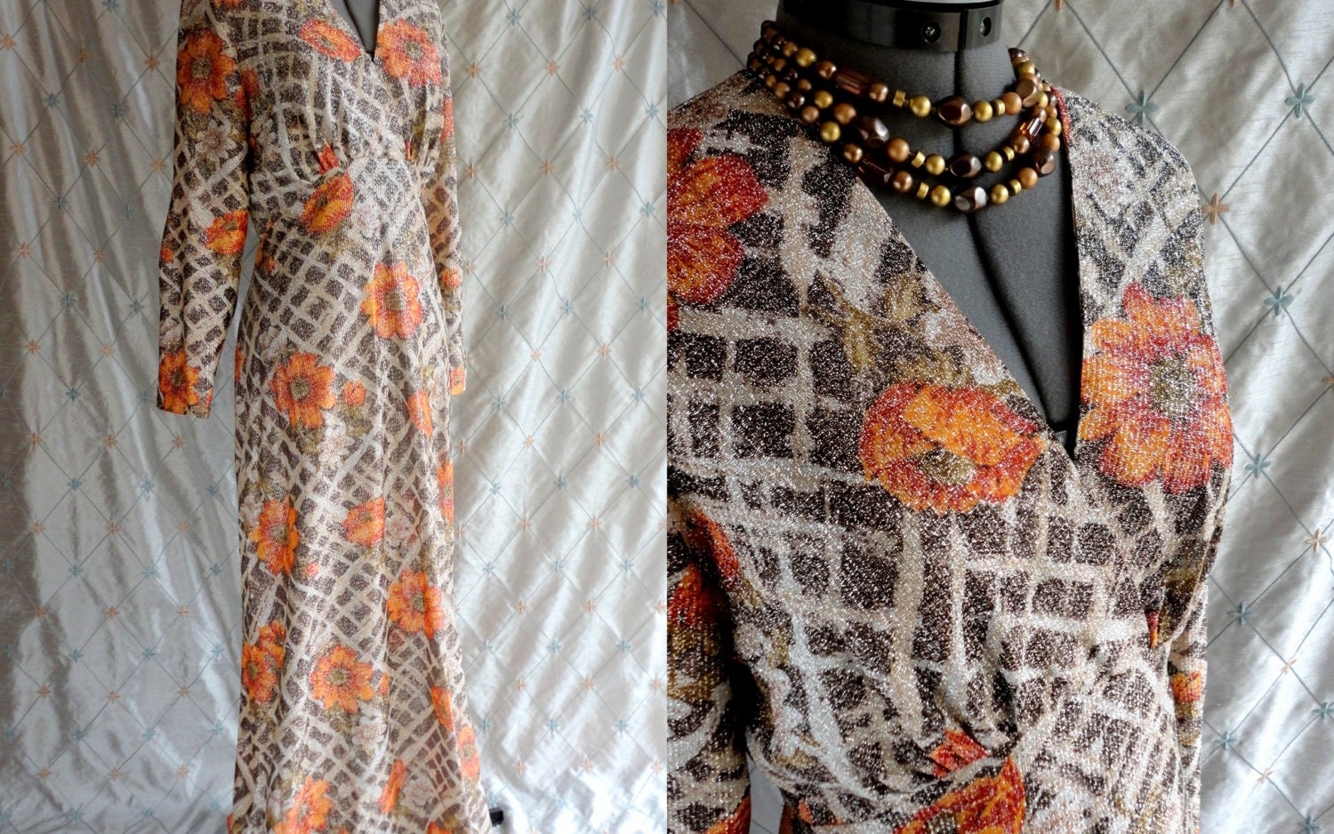 Maxi Dress // 60s Dress // 70s Dress // XL //  Vintage 1960s 1970s Sparkly Metallic Maxi Dress by Avalon Classics Size XL