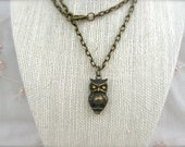 Brass Owl Necklace. Antiqued Owl Charm Pendant with Goldenrod Rhinestone Eyes. Owl Jewelry. Woodland Style Jewelry. Owl Necklace.