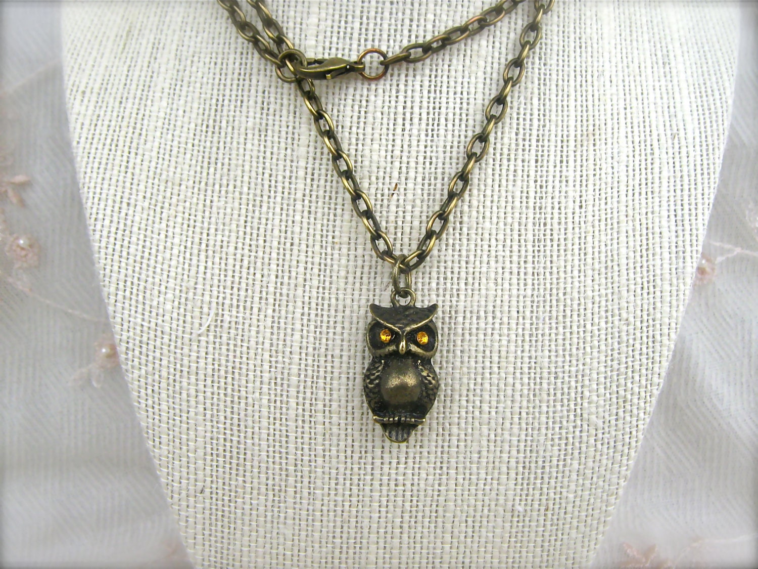 Brass Owl Necklace. Antiqued Owl Charm Pendant with Goldenrod Rhinestone Eyes. Owl Jewelry. Woodland Style Jewelry. Owl Necklace.