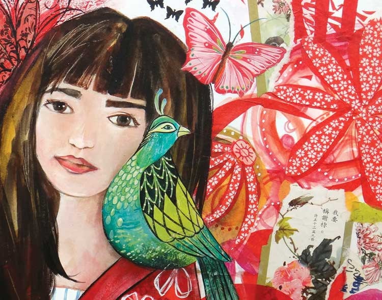 Asian Girl and Emerald Bird Ruby Flowers, Large Archival Print- Sakiko