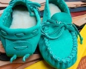 Slipper Moccasins, US Size 6, handmade shoes, Teal, Aqua, Nubuck Leather,