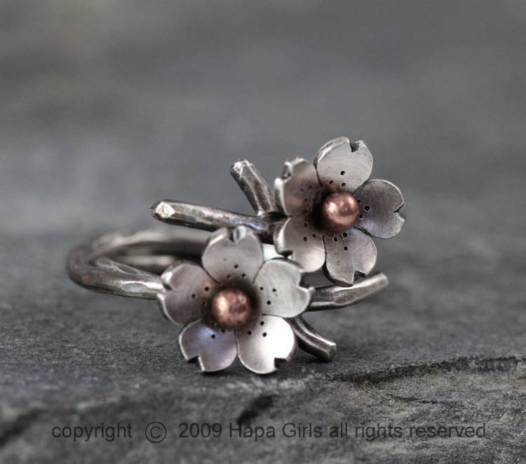 Cherry Blossom Branch Adjustable Ring in Silver, Stacking rings, Spring Jewelry, MADE to ORDER, Twig ring, Bridal accessories