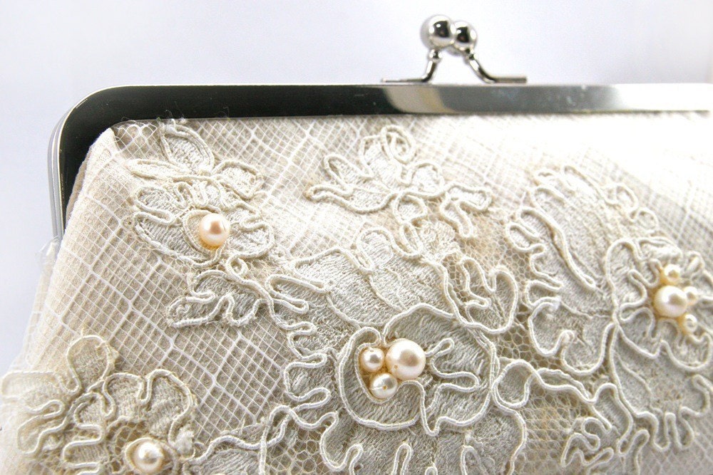 Bridal Clutch with Alencon French Lace in Ivory 8-inches