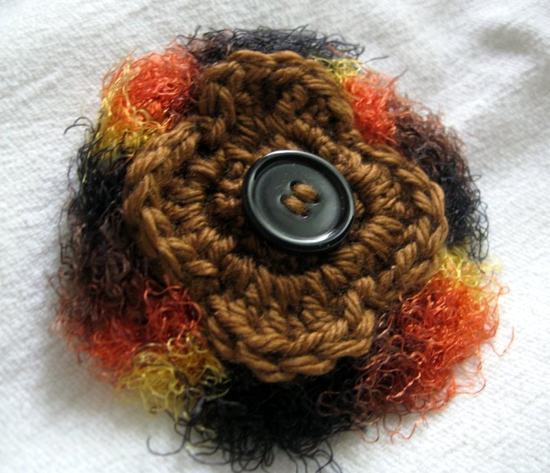 Crochet Brooch, Cocoa Brown, Orange, Yellow, and Black Button Flower Pin