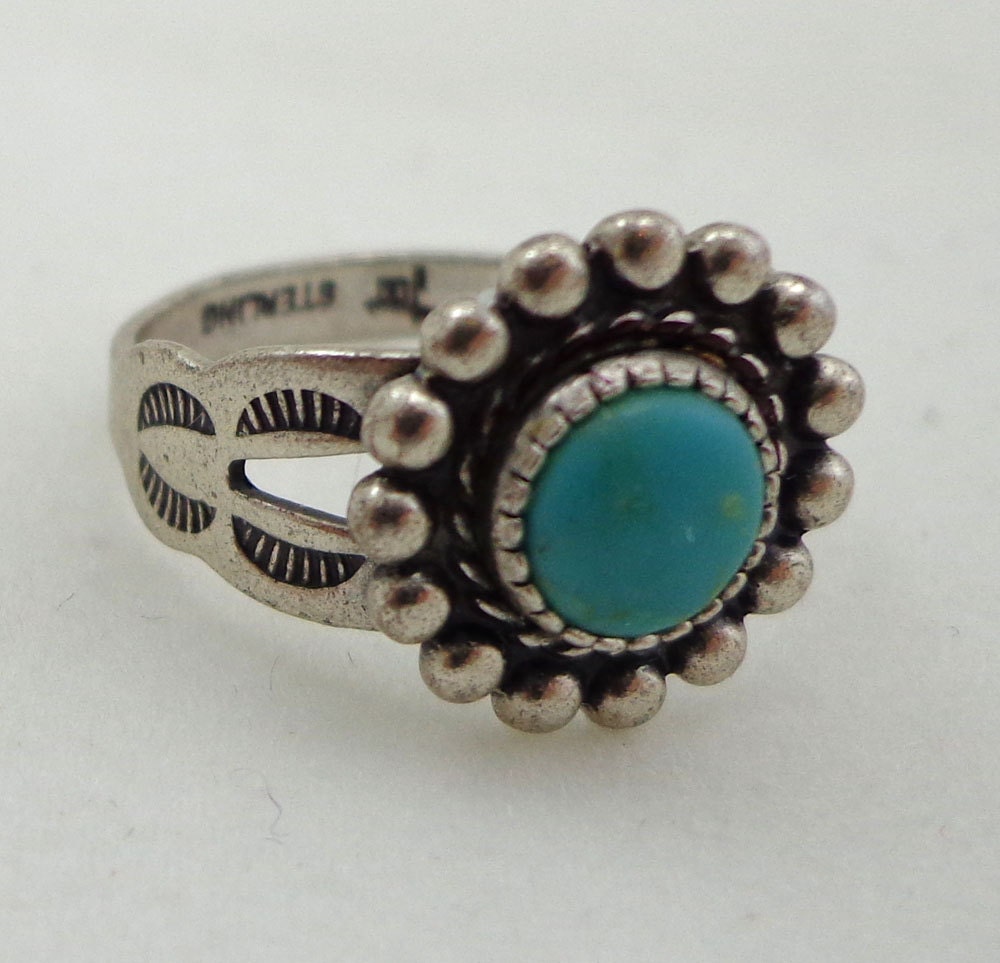 Vintage Bell Trading Post Turquoise Sterling Size 4 1/4 Pinky Ring Sterling Silver