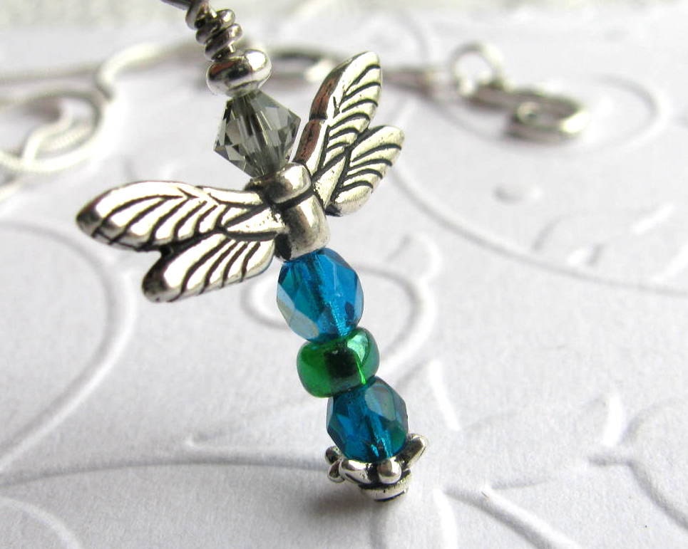 Dragonfly charm necklace with heart vine bail and clasp, Tierra Cast silver pewter wings, aqua blue, emerald green, pond garden bug