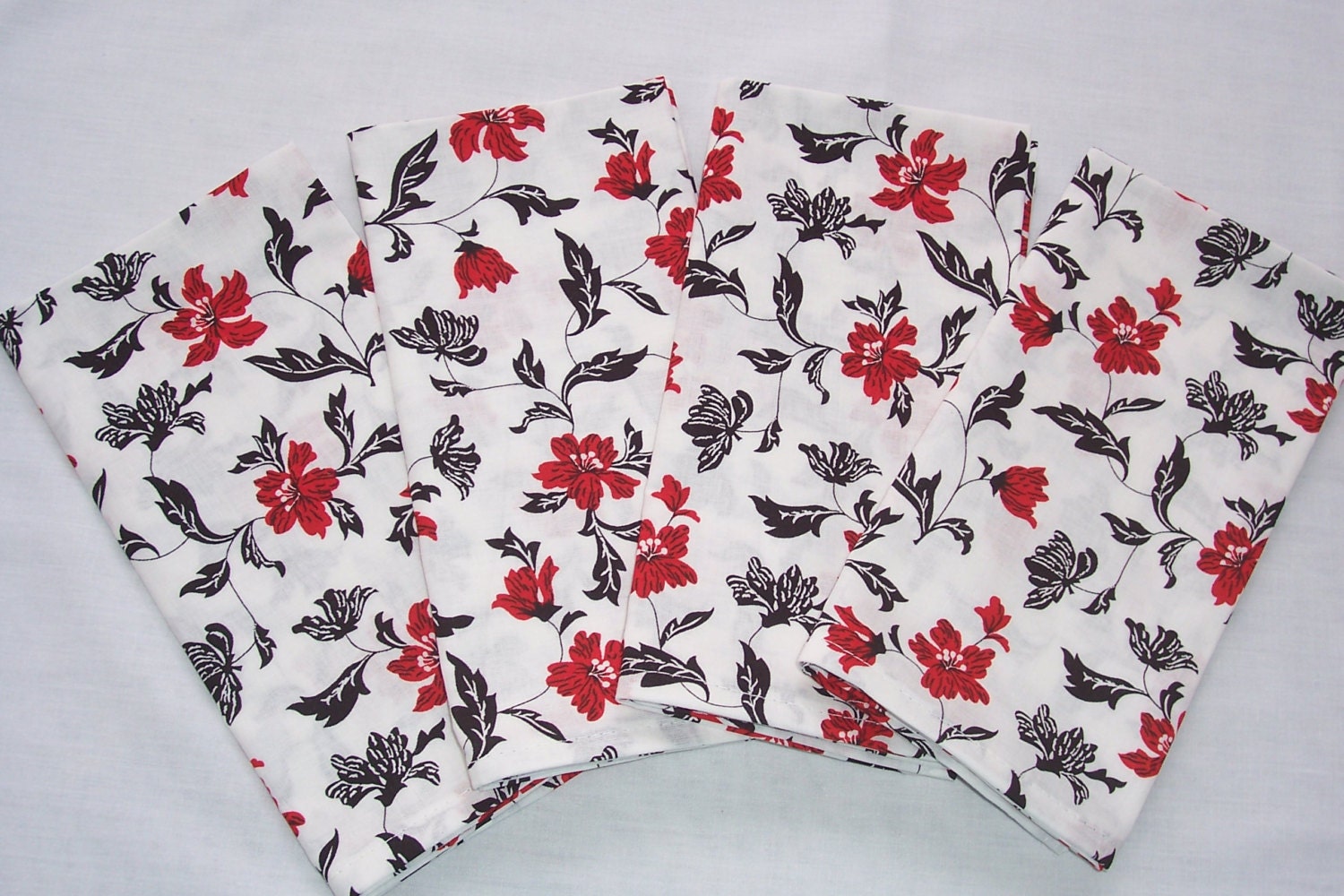 Fabric Cloth Dinner Napkins - Set of 8 - Red Flowers - Black and White