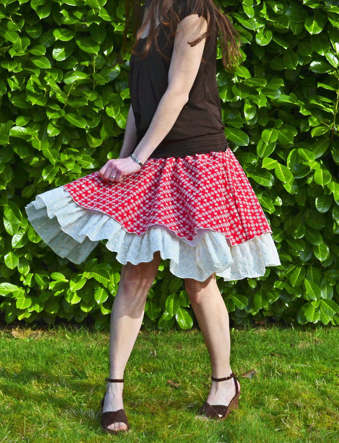 Full Skirt w/ Petticoat Red Embroidered Skirt Ruffle Eyelet Slip Retro Vintage Boho Style Made to Order Your Measurements Jersey Knit Waist