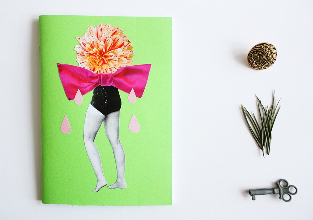 a6 paper notebook - lime green - vintage, retro, collage, unique, bow, flower, blank
