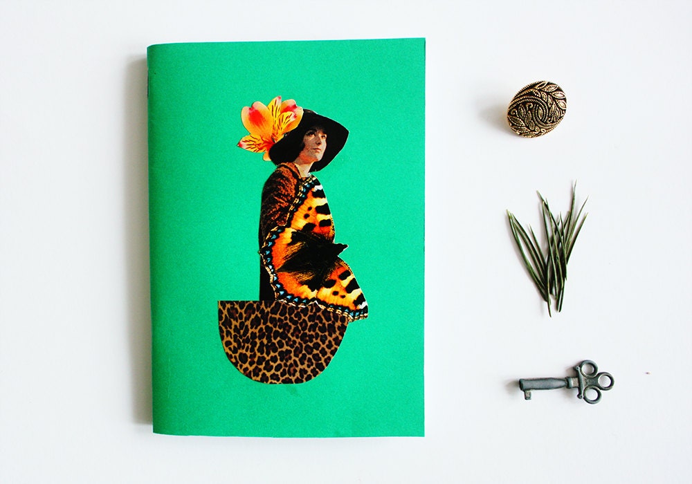 a6 paper notebook - green - vintage, retro, collage, unique, woman, flower, leopard print, blank