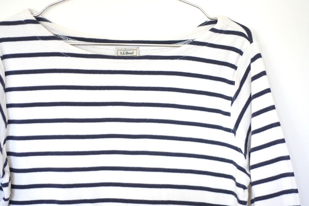 Black White Skinny Sailor Stripe Cotton Tee Shirt LL Bean