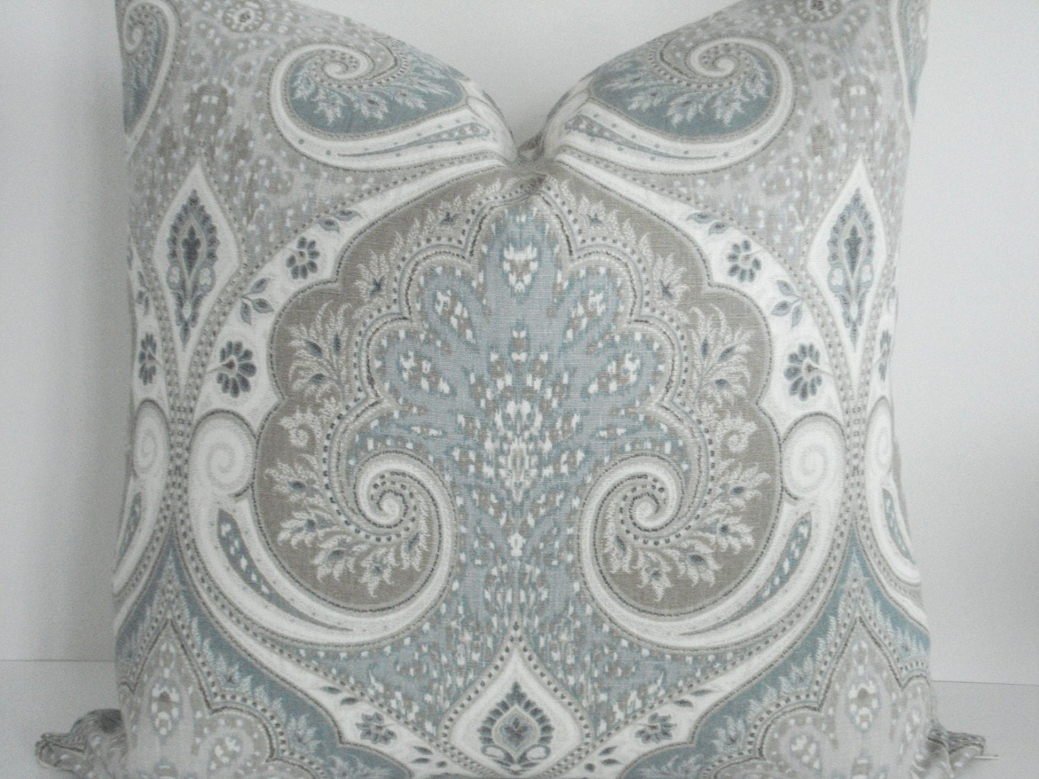 KRAVAT- Decorative Pillow Cover-LATIKA- Seafoam- Greys, Taupey Tan, Seafoam- Grey  Blue , Off White Throw/Lumbar Pillow